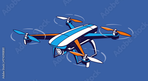 Stylized vector illustration of a quadcopter drone with spinning propellers and a camera