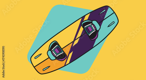 Vector illustration of a colorful kitesurf board with bindings on a patterned background