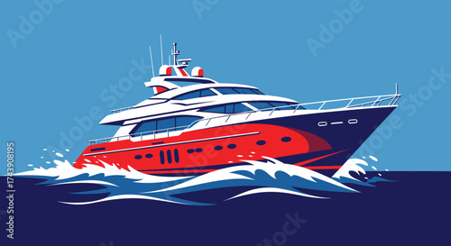 Stylized illustration of a red and white yacht sailing on blue waves. Flat design style