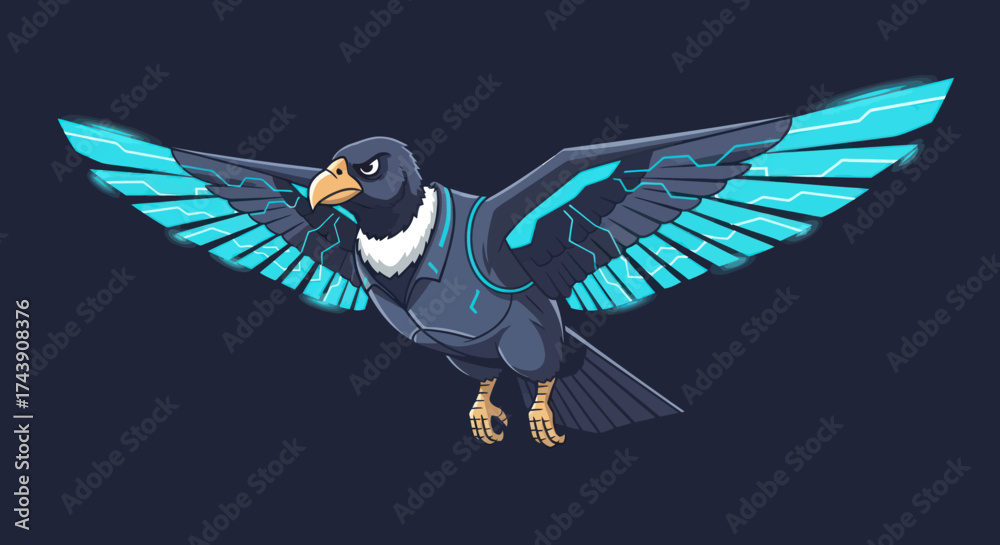 Naklejka premium A futuristic raven with glowing blue energy wings. It flies against a dark background
