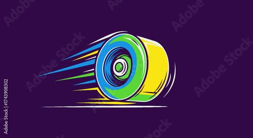 Stylized illustration of a colorful rolling wheel with speed lines against a dark purple background
