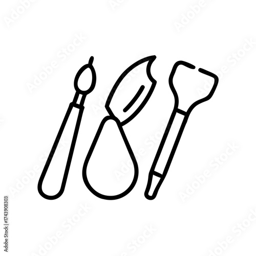 Clay sculpture tools in minimalist line art style on white background  