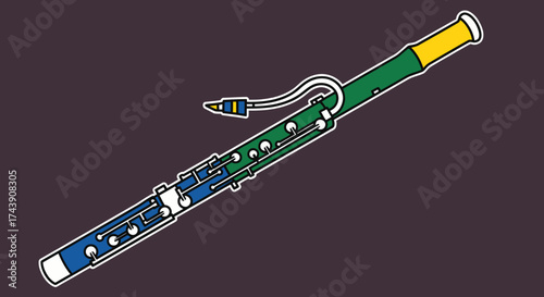 Vector illustration of a bassoon, a wind instrument, with a reed and key design, on a dark background