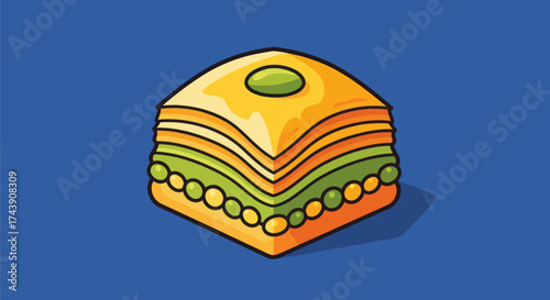 A vector illustration of a triangular pastry dessert with layers and pistachio on blue background
