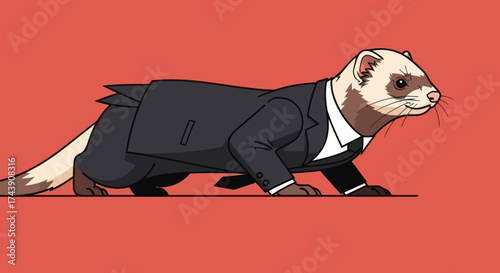 Animated ferret in a suit, posing on a red background. Cartoon of a classy mustelid