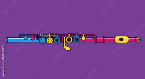 A colorful illustration of a flute with a purple background