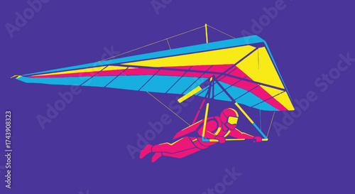 A colorful hang glider in flight, with vibrant hues against a purple backdrop