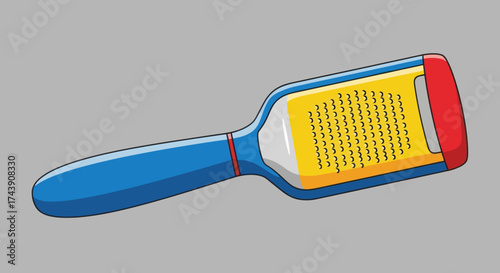 A blue and red kitchen grater with a yellow grating surface, isolated on a gray background
