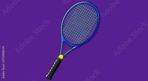 Cartoon illustration of a tennis racket against a solid purple background