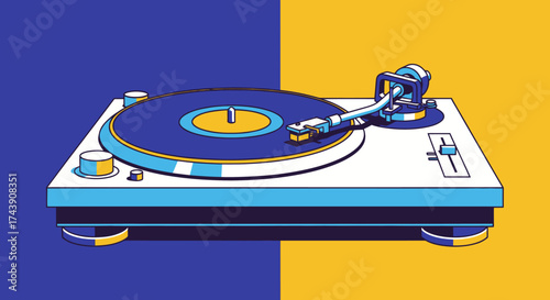 A stylized illustration of a turntable on a two-tone blue and yellow background