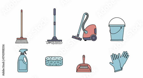 Cleaning Tools Collection: Broom Mop Vacuum Bucket Spray Bottle Sponge Dustpan and Gloves.