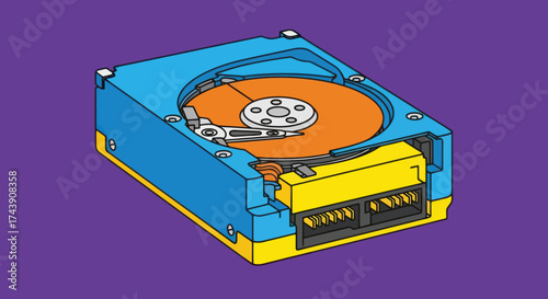Colorful, stylized cutaway of a hard disk drive. Exposed internal components with vibrant colors