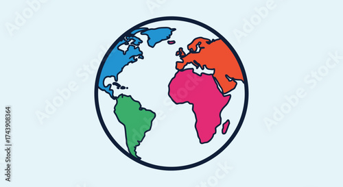 A colorful illustration of the Earth, continents in bright hues. Surrounded by a dark outlined circle