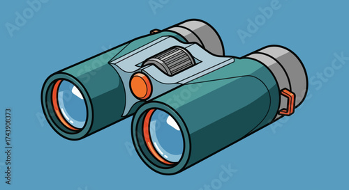 Illustration of a pair of binoculars. Teal and gray hues on blue background. Orange details