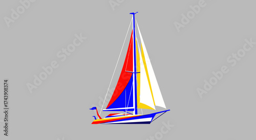 Colorful stylized sailboat illustration on a gray background, with red, blue, yellow, and white sails
