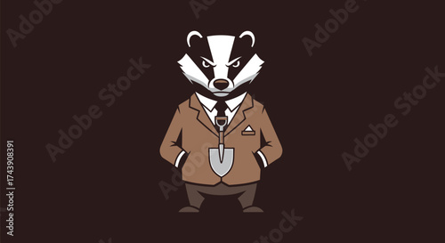 A stylized cartoon badger in a suit with a shovel pendant, on a brown backdrop