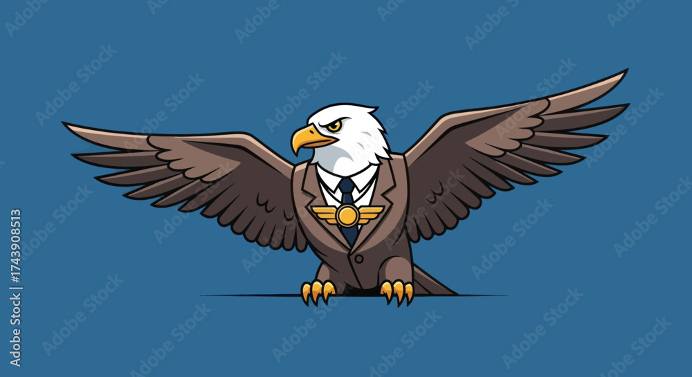 Naklejka premium A majestic eagle in a suit and tie, wings spread, against a blue background
