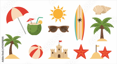 A vibrant collection of summer beach vacation icons including a palm tree surfboard and sandcastle.