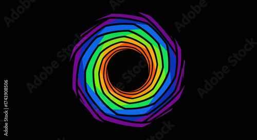 Abstract swirling vortex shape with a rainbow of colors against a black background