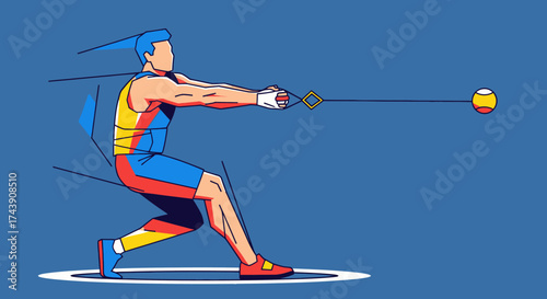 Stylized illustration of a hammer throw athlete in action, mid-swing, against a blue backdrop
