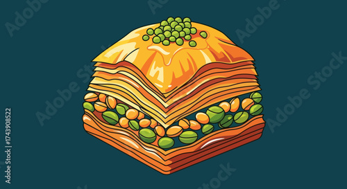A stylized illustration of a traditional layered pastry with nuts, a sugary treat