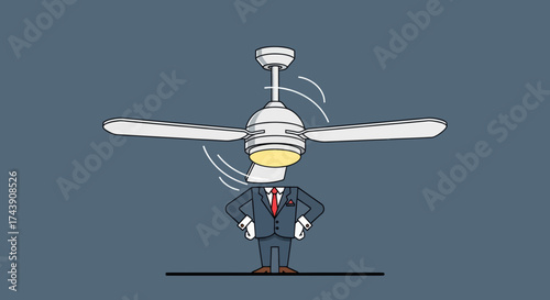 A businessman's headless body stands with a rotating fan as a head. The background is gray