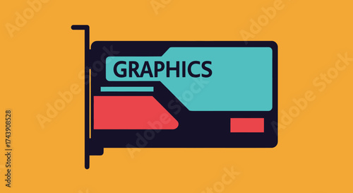 A stylized graphics card illustration against a yellow background. The word "GRAPHICS" is featured