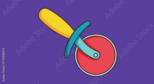 A stylized illustration of a pizza cutter on a purple background, vibrant colors and bold lines