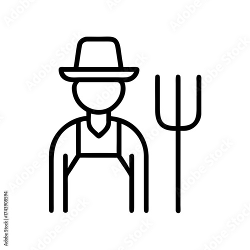 Farmer holding a pitchfork and wearing a hat in a simple outline style  