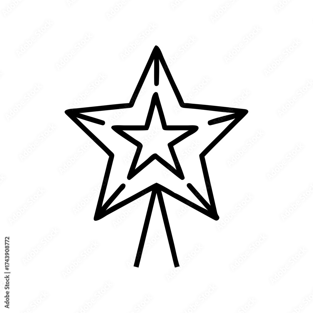 Obraz premium Golden star decoration on treetop in minimalist line style 
