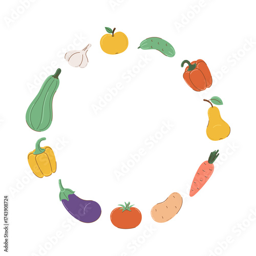 Round frame of colorful vegetables and fruits in flat style with partial outline. Autumn and harvest concept. Vector illustration.