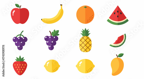 A colorful collection of twelve fresh fruit icons in a flat vector design style including apple banana and grapes.
