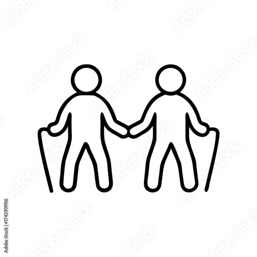 Two elderly people holding hands with walking sticks  