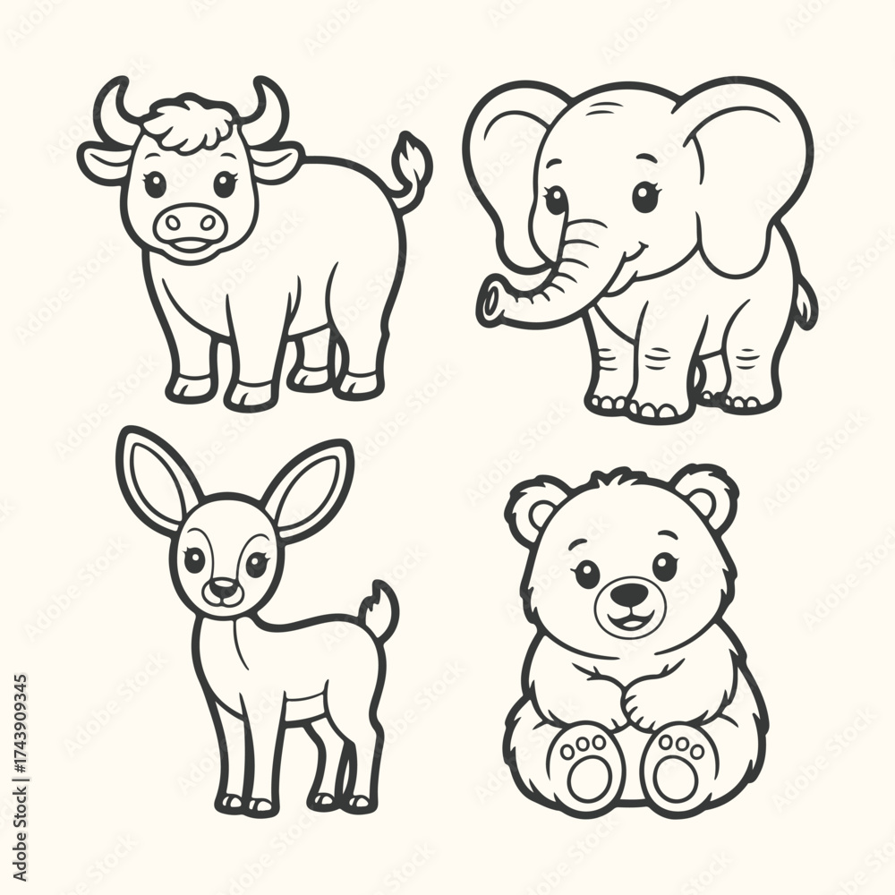 Obraz premium Vector art of cute cartoon illustration of a bull, elephant, deer, and bear, isolated on a, perfect for childrens books and designs