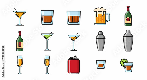 Collection of colorful flat design icons representing alcoholic drinks cocktails beer wine and bar accessories.