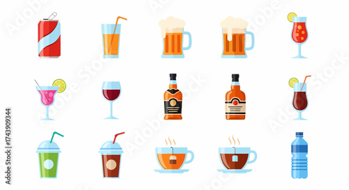 Assorted Drinks Collection: Soda Juice Beer Wine Liquor Cocktails Coffee and Water.