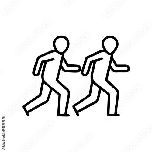Two abstract figures running in line art style on white background  