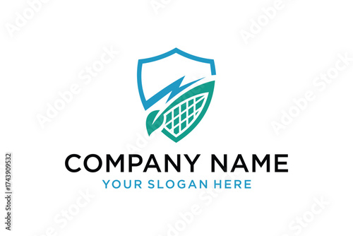 Green Energy Shield Logo with Lightning Bolt, Leaf, and Grid Pattern