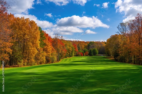 Autumn tree foliage adorns the golf course, enhancing its beauty
