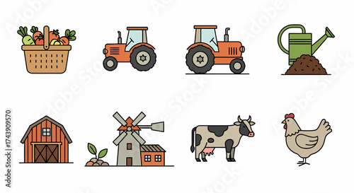 A collection of colorful farm and agriculture icons in a flat line art style including a tractor barn cow and chicken.