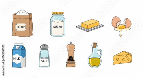Hand-drawn Cartoon Kitchen Baking and Cooking Ingredients Set.