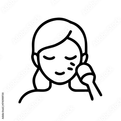 Woman applying blush on her cheeks while smiling softly  