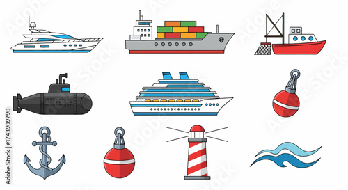 Collection of Various Illustrated Nautical Vessels and Elements.