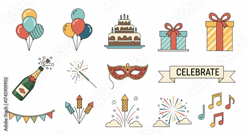 Colorful Celebration Party Elements Set with Balloons Cake Gifts and Fireworks.