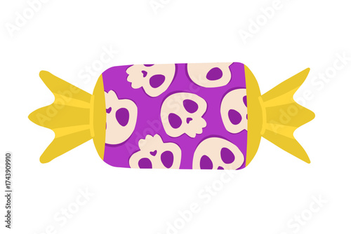 Flat vector Halloween chocolate candy in purple-yellow wrapper decorated with skulls. Perfect spooky sweet element for festive designs, banners, and packaging.