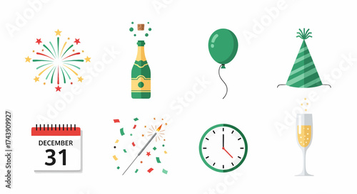A festive collection of colorful flat design icons for a New Years Eve celebration.