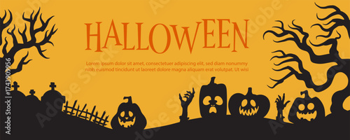 Flat vector Halloween banner featuring black silhouettes of gravestones, trees, and jack lanterns on an orange background with space for text. Perfect for invitations, flyers, and festive promos