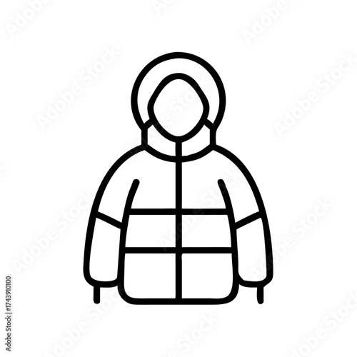Line art of a person wearing a puffer coat with a hood  