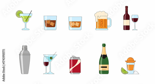 Assortment of Alcoholic and Non-Alcoholic Beverages in Various Glasses and Bottles.