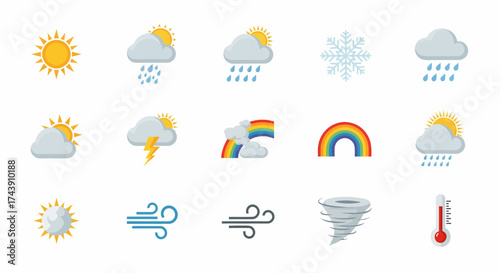 Colorful weather forecast icon set with sun rain clouds storm and temperature symbols.